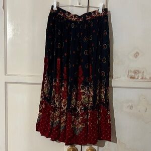 Vintage Navy and Burgundy Patterned Midi Skirt